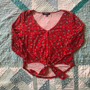 Red flower print crop top with tie